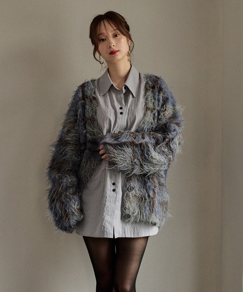 mideal(マイディール)の「design pattern shaggy cardigan / デザインパターンシャギーカーディガン(カーディガン/ボレロ・レディース・オレンジ/ブルー/ボルドー/グリーン・FREE)」の3枚目の写真