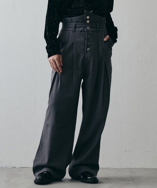 Shoowtime(ショウタイム)の「Layered High-Waisted Pinstripe Wide-Leg Slacks / レイヤードハイウエスト ピンストライプワイドスラックス(スラックス・メンズ・グレー/ブラック・X-LARGE/LARGE/MEDIUM)」の2枚目の写真