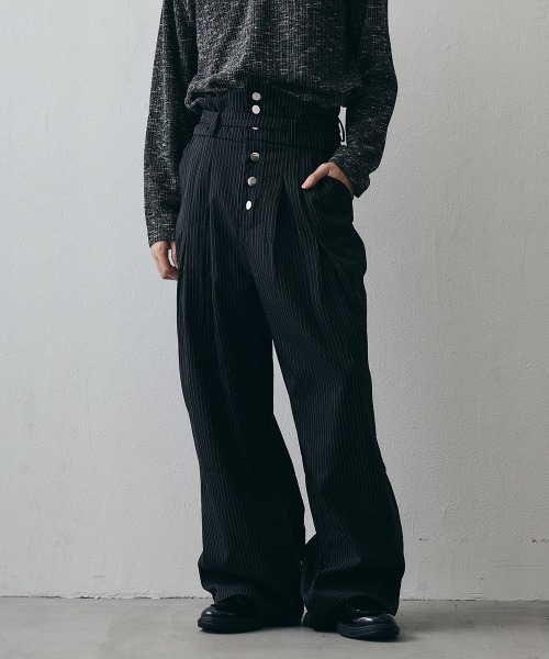 Shoowtime(ショウタイム)の「Layered High-Waisted Pinstripe Wide-Leg Slacks / レイヤードハイウエスト ピンストライプワイドスラックス(スラックス・メンズ・グレー/ブラック・X-LARGE/LARGE/MEDIUM)」の15枚目の写真