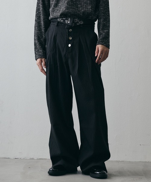 Shoowtime(ショウタイム)の「Layered High-Waisted Pinstripe Wide-Leg Slacks / レイヤードハイウエスト ピンストライプワイドスラックス(スラックス・メンズ・グレー/ブラック・X-LARGE/LARGE/MEDIUM)」の19枚目の写真