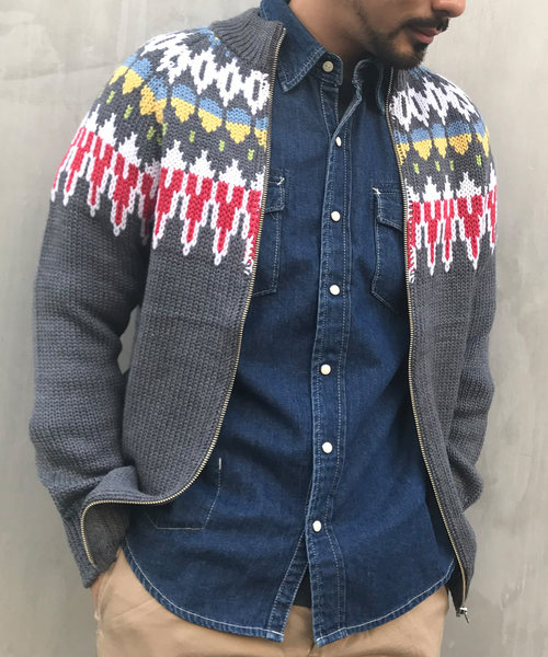 GREEN BOWL（グリーンボウル）の「GREEN BOWL Cowichan　Sweater/グリーンボウル ノルディック 柄 カウチン セーター（ニット/セーター・メンズ・チャコールグレー/キナリ・38/36）」の2枚目の写真