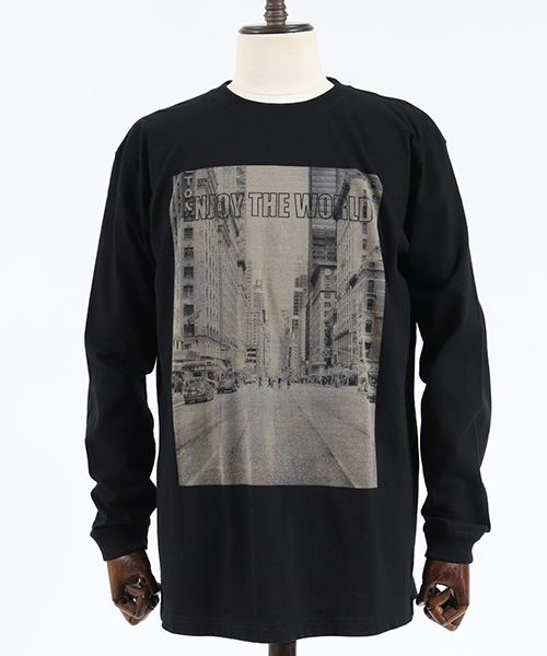 Jih Nunc（ジーヌンク）の「mlt2475-ロングスリーブプリントTシャツ -ENJOY THE WORLD-（Tシャツ/カットソー・メンズ・ホワイト/ブラック・M/L）」の7枚目の写真