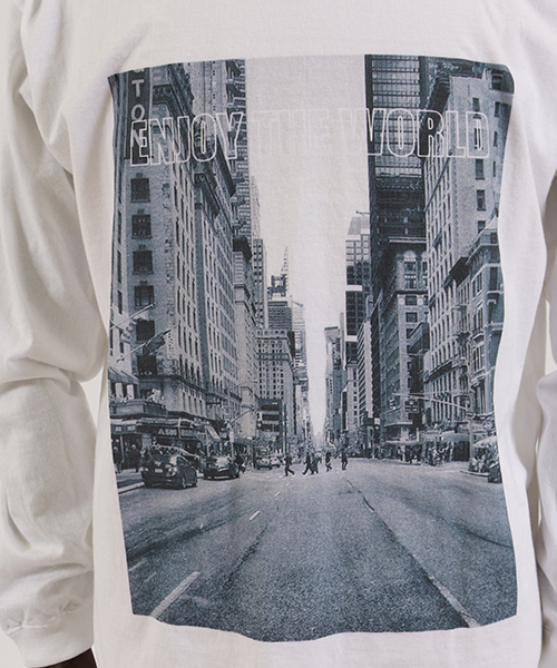 Jih Nunc（ジーヌンク）の「mlt2475-ロングスリーブプリントTシャツ -ENJOY THE WORLD-（Tシャツ/カットソー・メンズ・ホワイト/ブラック・M/L）」の12枚目の写真