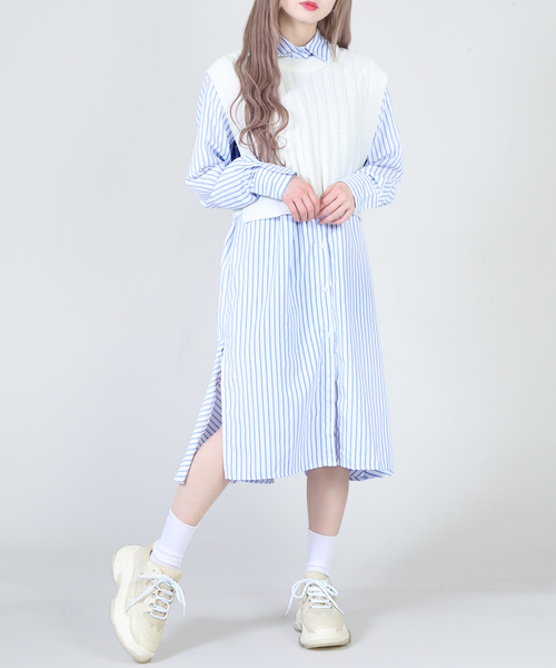 DING（ディング）の「DING/ストライプシャツワンピ－ス（シャツワンピース・レディース・ブラック系その他/ブルー系その他・FREE）」の2枚目の写真