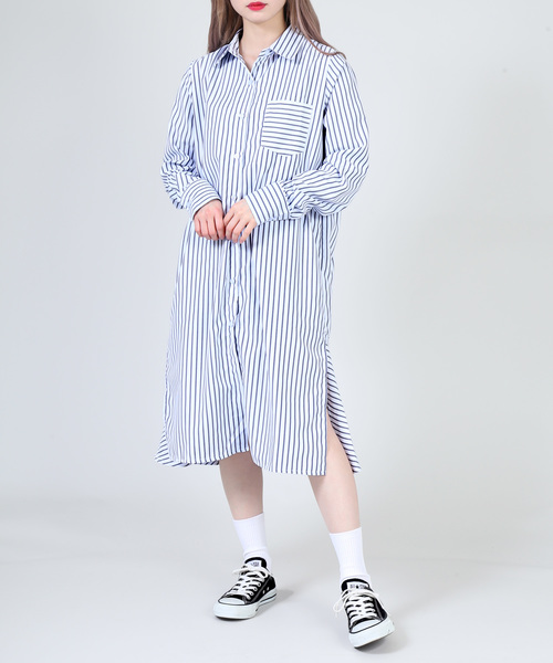 DING（ディング）の「DING/ストライプシャツワンピ－ス（シャツワンピース・レディース・ブラック系その他/ブルー系その他・FREE）」の8枚目の写真