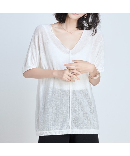 SAISON DE PAPILLON(セゾンドパピヨン)の「【リネン100%】Vネック薄手カットソー(Tシャツ/カットソー・レディース・ブラック/ベージュ/ミント/ホワイト・L/M)」の2枚目の写真