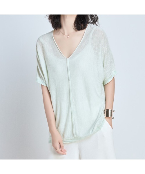 SAISON DE PAPILLON(セゾンドパピヨン)の「【リネン100%】Vネック薄手カットソー(Tシャツ/カットソー・レディース・ブラック/ベージュ/ミント/ホワイト・L/M)」の4枚目の写真