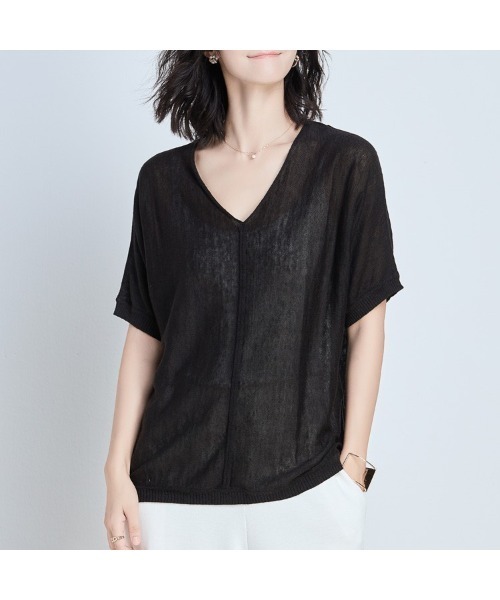 SAISON DE PAPILLON(セゾンドパピヨン)の「【リネン100%】Vネック薄手カットソー(Tシャツ/カットソー・レディース・ブラック/ベージュ/ミント/ホワイト・L/M)」の1枚目の写真