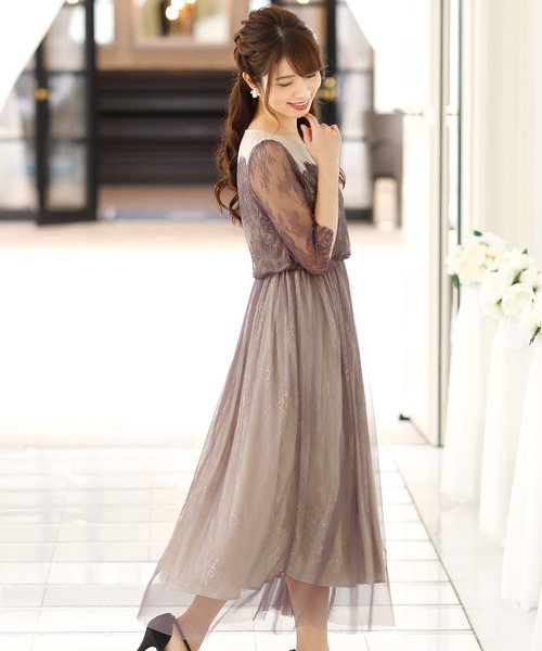 ロング&七分袖フォーマルチュールスカートお呼ばれワンピースドレス