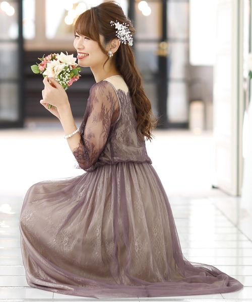 PourVous(プールヴー)の「ロング&七分袖 フォーマル チュール スカート お呼ばれ ワンピースドレス オケージョンドレス 結婚式 二次会 成人式 (ドレス・レディース・ダークパープル/グリーン/ブラック/グレー・M)」の6枚目の写真