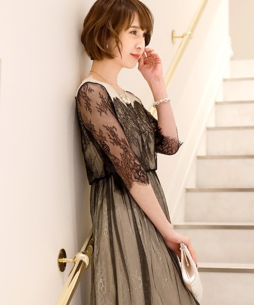 PourVous(プールヴー)の「ロング&七分袖 フォーマル チュール スカート お呼ばれ ワンピースドレス オケージョンドレス 結婚式 二次会 成人式 (ドレス・レディース・ダークパープル/グリーン/ブラック/グレー・M)」の10枚目の写真