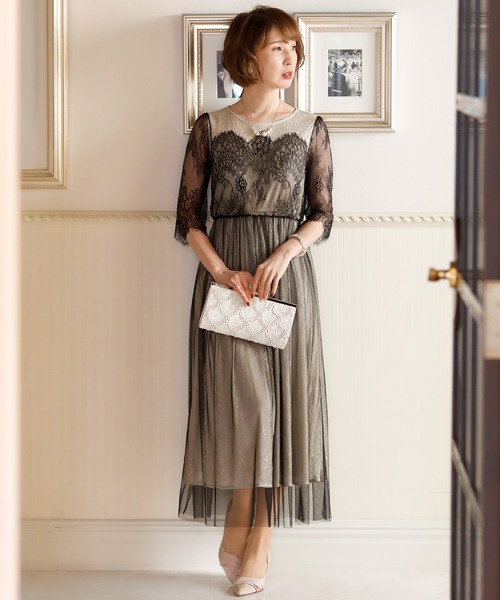 PourVous(プールヴー)の「ロング&七分袖 フォーマル チュール スカート お呼ばれ ワンピースドレス オケージョンドレス 結婚式 二次会 成人式 (ドレス・レディース・ダークパープル/グリーン/ブラック/グレー・M)」の16枚目の写真