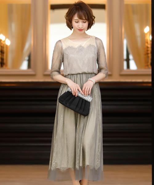 PourVous(プールヴー)の「ロング&七分袖 フォーマル チュール スカート お呼ばれ ワンピースドレス オケージョンドレス 結婚式 二次会 成人式 (ドレス・レディース・ダークパープル/グリーン/ブラック/グレー・M)」の13枚目の写真