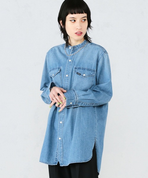 Lee(リー)の「Lee/リー バンドカラーシャツ(シャツ/ブラウス・レディース・パープル/オフホワイト/インディゴブルー/ライトインディゴブルー・SMALL/MEDIUM)」の3枚目の写真