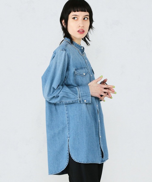 Lee(リー)の「Lee/リー バンドカラーシャツ(シャツ/ブラウス・レディース・パープル/オフホワイト/インディゴブルー/ライトインディゴブルー・SMALL/MEDIUM)」の13枚目の写真