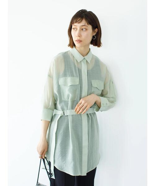 koe(コエ)の「ベルト付きシアーシャツチュニック*(シャツ/ブラウス・レディース・ブラック/ホワイト/ミント・FREE)」の6枚目の写真