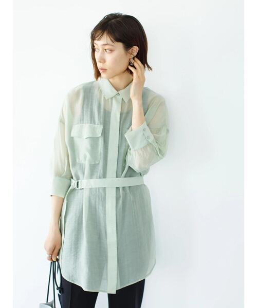 koe(コエ)の「ベルト付きシアーシャツチュニック*(シャツ/ブラウス・レディース・ブラック/ホワイト/ミント・FREE)」の7枚目の写真