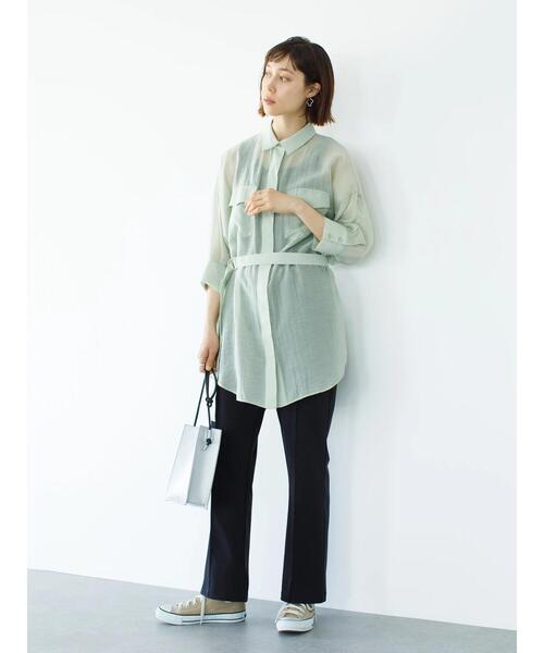 koe(コエ)の「ベルト付きシアーシャツチュニック*(シャツ/ブラウス・レディース・ブラック/ホワイト/ミント・FREE)」の10枚目の写真