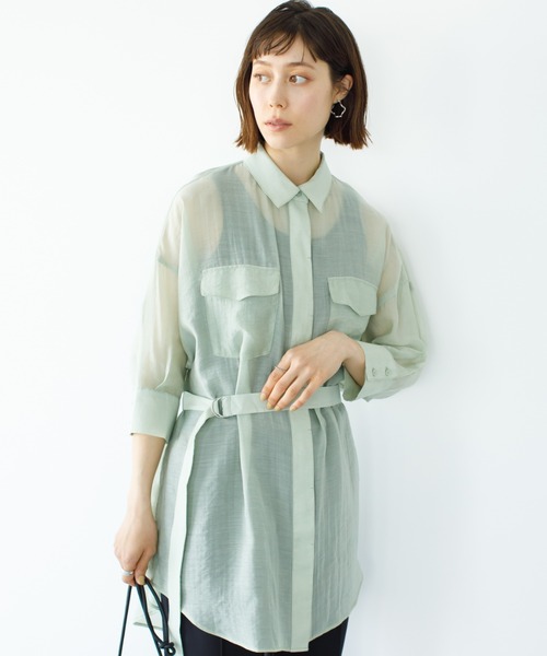 koe(コエ)の「ベルト付きシアーシャツチュニック*(シャツ/ブラウス・レディース・ブラック/ホワイト/ミント・FREE)」の3枚目の写真