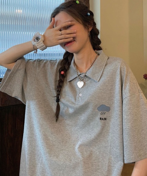 meJane（ミージェーン）の「お天気ワンポイント刺繍ビックシルエットポロシャツ【ZOZOTOWN限定】（ポロシャツ・レディース・ホワイト/ブラック/グレー/ミント・FREE）」の5枚目の写真