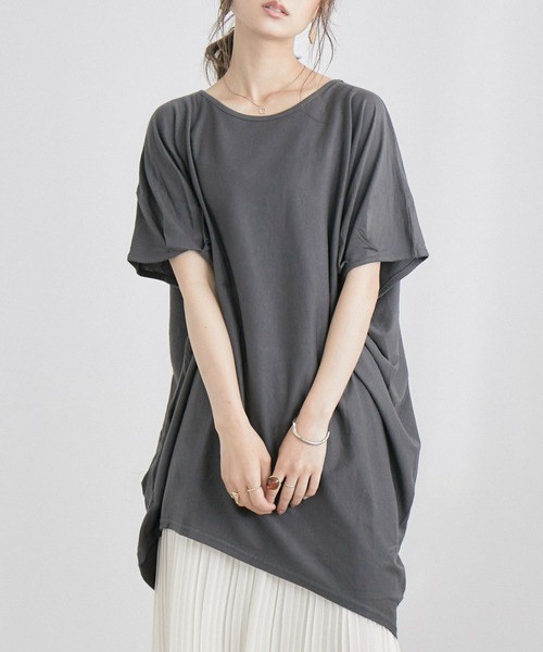 Fashion Letter(ファッションレター)の「アシメヘムBIGコットンTシャツ(Tシャツ/カットソー・レディース・チャコールグレー/ブラック/オフホワイト/ベージュ/カーキ・4L/L-XL/M-L/M/LL)」の1枚目の写真