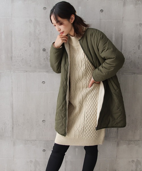 Social GIRL（ソーシャルガール）の「裏ボアキルトコート/ケーブルニットワンピース/セットアップ（ノーカラーコート・レディース・ブラック/ベージュ/カーキ・M）」の3枚目の写真