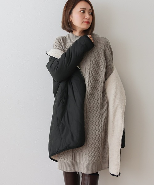 Social GIRL（ソーシャルガール）の「裏ボアキルトコート/ケーブルニットワンピース/セットアップ（ノーカラーコート・レディース・ブラック/ベージュ/カーキ・M）」の2枚目の写真