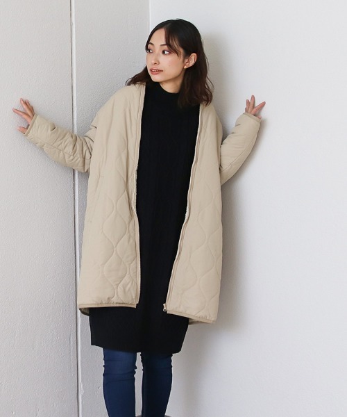 Social GIRL（ソーシャルガール）の「裏ボアキルトコート/ケーブルニットワンピース/セットアップ（ノーカラーコート・レディース・ブラック/ベージュ/カーキ・M）」の5枚目の写真