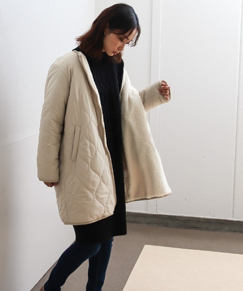 Social GIRL（ソーシャルガール）の「裏ボアキルトコート/ケーブルニットワンピース/セットアップ（ノーカラーコート・レディース・ブラック/ベージュ/カーキ・M）」の9枚目の写真