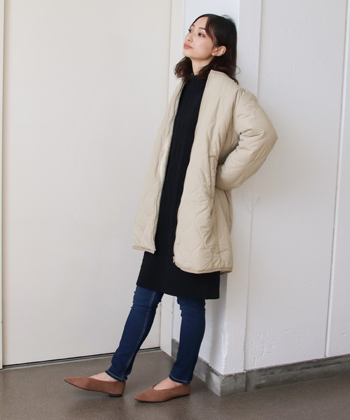 Social GIRL（ソーシャルガール）の「裏ボアキルトコート/ケーブルニットワンピース/セットアップ（ノーカラーコート・レディース・ブラック/ベージュ/カーキ・M）」の10枚目の写真