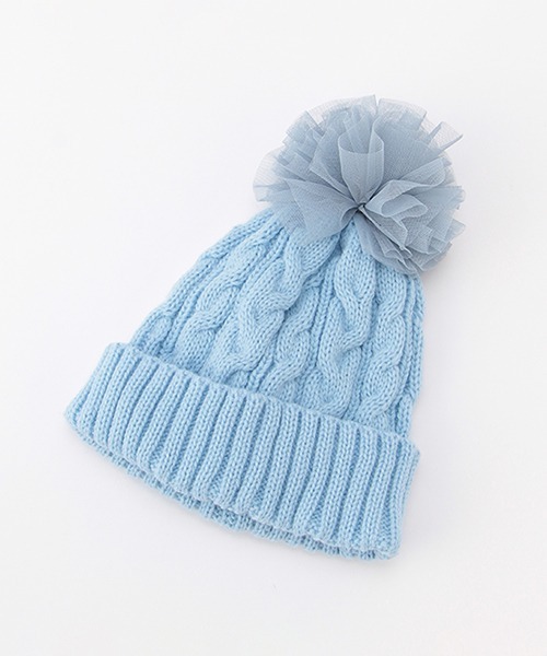 b・ROOM（ビールーム）の「チュール梵天つきニット帽（ニットキャップ/ビーニー・キッズ・ライトピンク/ブラック/アイボリー/サックスブルー・M/S）」の4枚目の写真