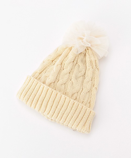 b・ROOM（ビールーム）の「チュール梵天つきニット帽（ニットキャップ/ビーニー・キッズ・ライトピンク/ブラック/アイボリー/サックスブルー・M/S）」の2枚目の写真