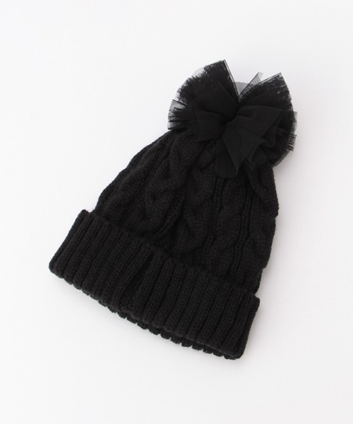 b・ROOM（ビールーム）の「チュール梵天つきニット帽（ニットキャップ/ビーニー・キッズ・ライトピンク/ブラック/アイボリー/サックスブルー・M/S）」の8枚目の写真