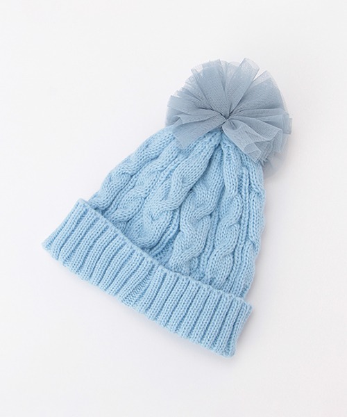 b・ROOM（ビールーム）の「チュール梵天つきニット帽（ニットキャップ/ビーニー・キッズ・ライトピンク/ブラック/アイボリー/サックスブルー・M/S）」の9枚目の写真