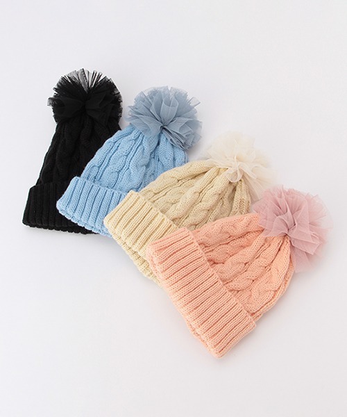 b・ROOM（ビールーム）の「チュール梵天つきニット帽（ニットキャップ/ビーニー・キッズ・ライトピンク/ブラック/アイボリー/サックスブルー・M/S）」の12枚目の写真