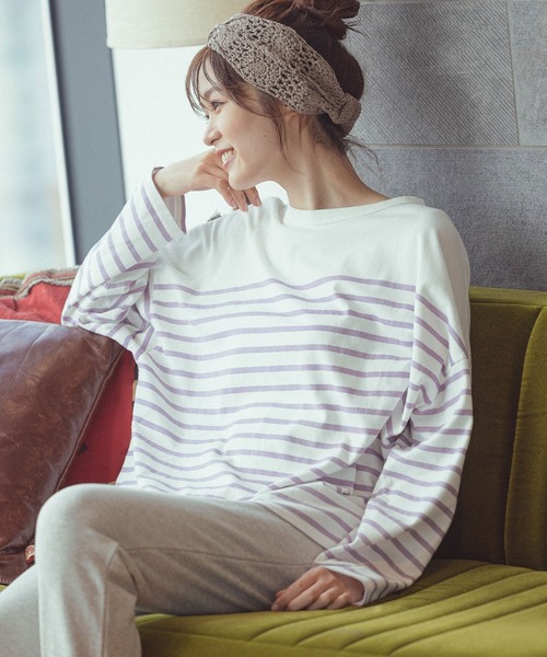 GLOBAL WORK(グローバルワーク)の「パネルボーダーBIG長袖/216965(Tシャツ/カットソー・レディース・ブラック/ベージュ/パープル系その他2・FREE)」の1枚目の写真