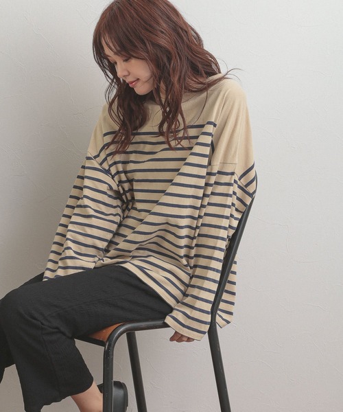 GLOBAL WORK(グローバルワーク)の「パネルボーダーBIG長袖/216965(Tシャツ/カットソー・レディース・ブラック/ベージュ/パープル系その他2・FREE)」の8枚目の写真