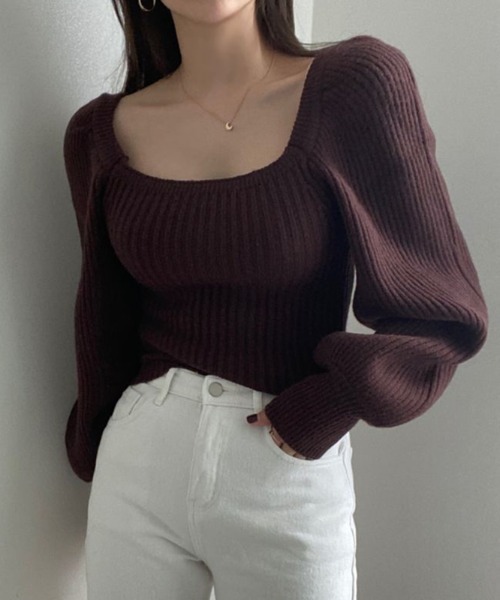 yuue' ( wear )(ユーイ)の「スクエアネックバルーンスリーブニット(ニット/セーター・レディース・チャコールグレー/ブラック/ブラウン/アイボリー/ライトピンク・FREE)」の10枚目の写真