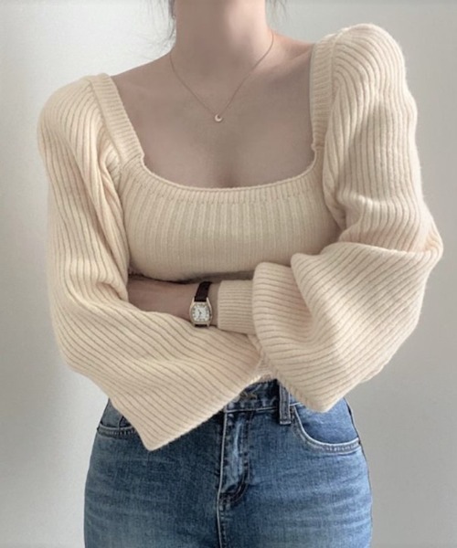 yuue' ( wear )(ユーイ)の「スクエアネックバルーンスリーブニット(ニット/セーター・レディース・チャコールグレー/ブラック/ブラウン/アイボリー/ライトピンク・FREE)」の14枚目の写真