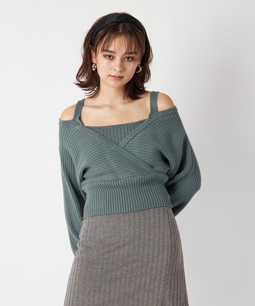 SPIRALGIRL（スパイラルガール）の「レイヤード風カシュクールニット（ニット/セーター・レディース・ブラック/オフホワイト/グリーン・FREE）」の22枚目の写真