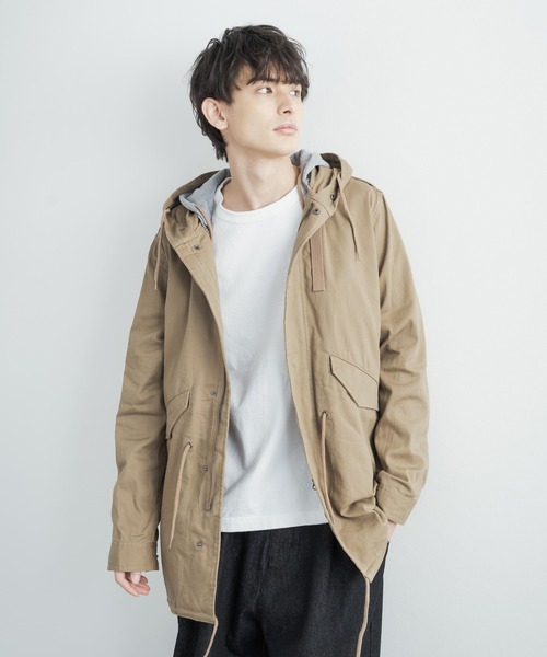 Rocky Monroe(ロッキーモンロー)の「ストレッチジャーマンクロス フーデッドモッズコート スプリングコート(モッズコート・メンズ・ブラック/ベージュ/カーキ・M/L/XL)」の1枚目の写真