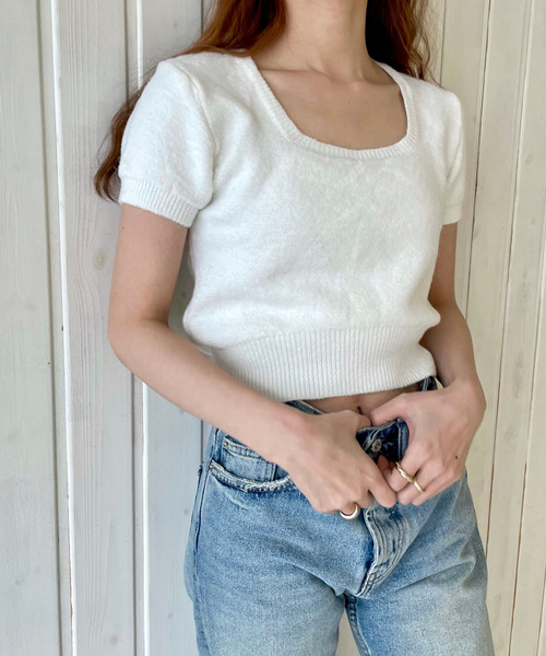 GIMME GIMME（ギミーギミー）の「【GIMME GIMME】Short-sleeved knit gimw22s009（ニット/セーター・レディース・ブラック/ホワイト・FREE）」の2枚目の写真