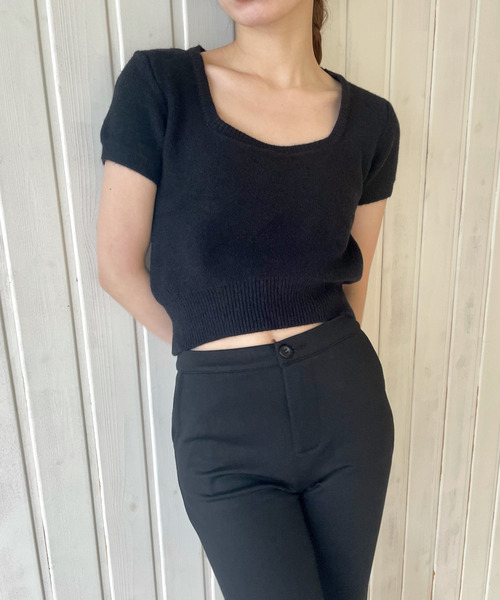 GIMME GIMME（ギミーギミー）の「【GIMME GIMME】Short-sleeved knit gimw22s009（ニット/セーター・レディース・ブラック/ホワイト・FREE）」の4枚目の写真