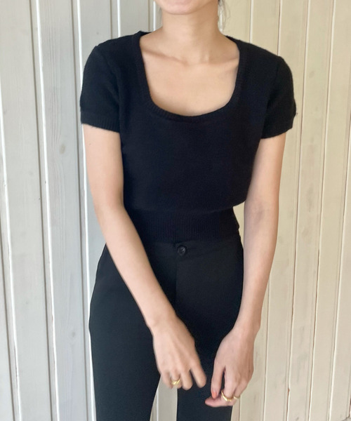 GIMME GIMME（ギミーギミー）の「【GIMME GIMME】Short-sleeved knit gimw22s009（ニット/セーター・レディース・ブラック/ホワイト・FREE）」の6枚目の写真