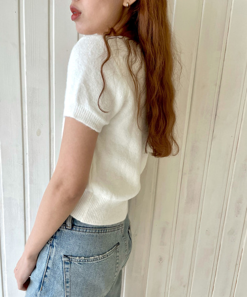 GIMME GIMME（ギミーギミー）の「【GIMME GIMME】Short-sleeved knit gimw22s009（ニット/セーター・レディース・ブラック/ホワイト・FREE）」の8枚目の写真