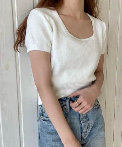 GIMME GIMME（ギミーギミー）の「【GIMME GIMME】Short-sleeved knit gimw22s009（ニット/セーター・レディース・ブラック/ホワイト・FREE）」の7枚目の写真