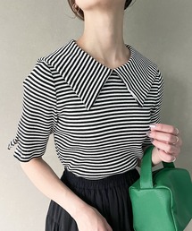 JUNOAH | ビッグカラー5分袖ボーダーリブトップス(Tシャツ/カットソー)