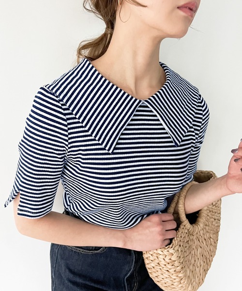 JUNOAH（ジュノア）の「ビッグカラー5分袖ボーダーリブトップス（Tシャツ/カットソー・レディース・ブラック/ネイビー/ブラウン・MEDIUM/LARGE/X-LARGE/SMALL）」の15枚目の写真