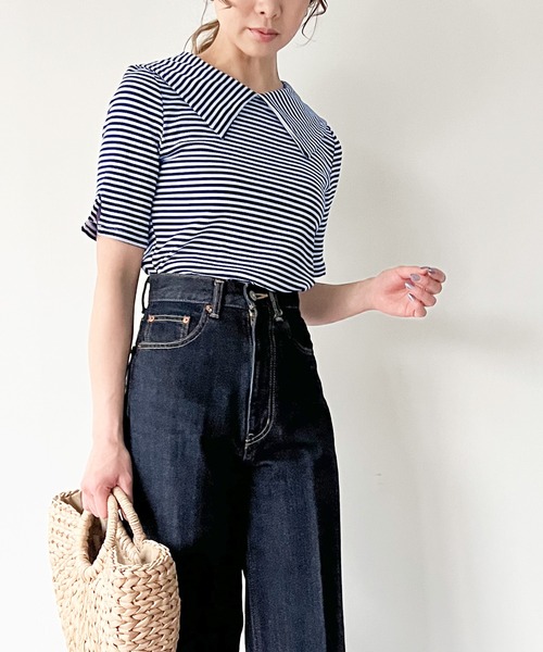 JUNOAH（ジュノア）の「ビッグカラー5分袖ボーダーリブトップス（Tシャツ/カットソー・レディース・ブラック/ネイビー/ブラウン・MEDIUM/LARGE/X-LARGE/SMALL）」の8枚目の写真