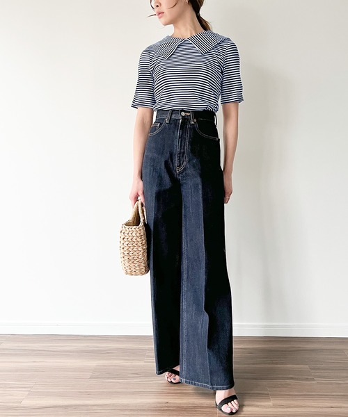 JUNOAH（ジュノア）の「ビッグカラー5分袖ボーダーリブトップス（Tシャツ/カットソー・レディース・ブラック/ネイビー/ブラウン・MEDIUM/LARGE/X-LARGE/SMALL）」の6枚目の写真